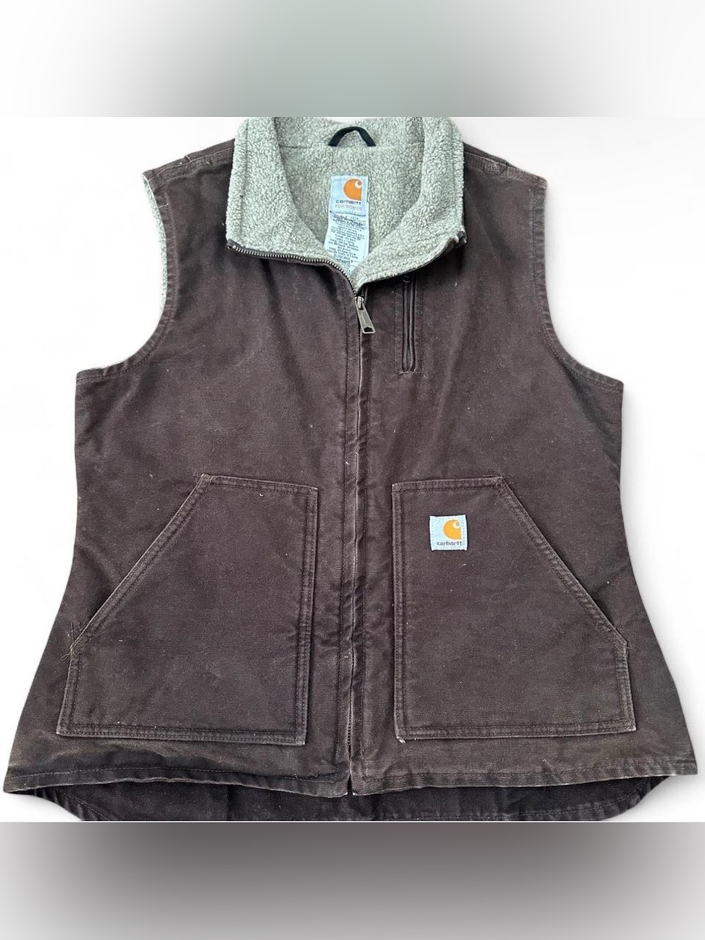Vtg Carhartt Womens Brown Sherpa Lined Canvas Duck Vest WV001 DKB Workwear Med